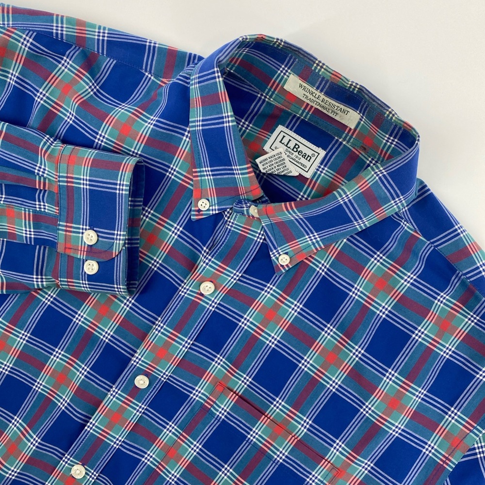 LL Bean Shirt Mens Large L Blue Plaid Wrinkle Resistant Traditional Business